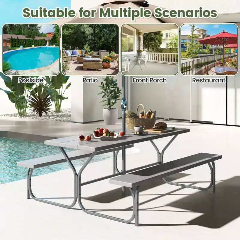 Costway Ensemble table de pique-nique et bancs 6 pieds, table à manger d'extérieur et 2 bancs avec cadre métallique Vert/Blanc/Noir/Gris