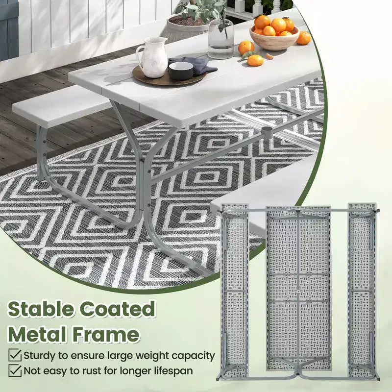 Costway Ensemble table de pique-nique et bancs 6 pieds, table à manger d'extérieur et 2 bancs avec cadre métallique Vert/Blanc/Noir/Gris