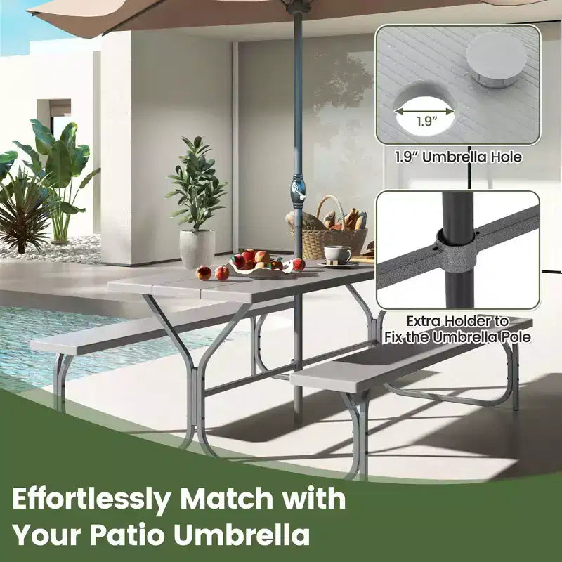 Costway Ensemble table de pique-nique et bancs 6 pieds, table à manger d'extérieur et 2 bancs avec cadre métallique Vert/Blanc/Noir/Gris
