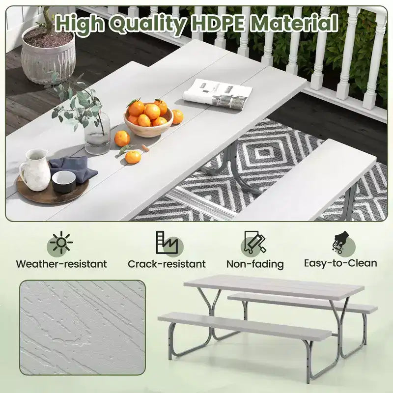 Costway Ensemble table de pique-nique et bancs 6 pieds, table à manger d'extérieur et 2 bancs avec cadre métallique Vert/Blanc/Noir/Gris