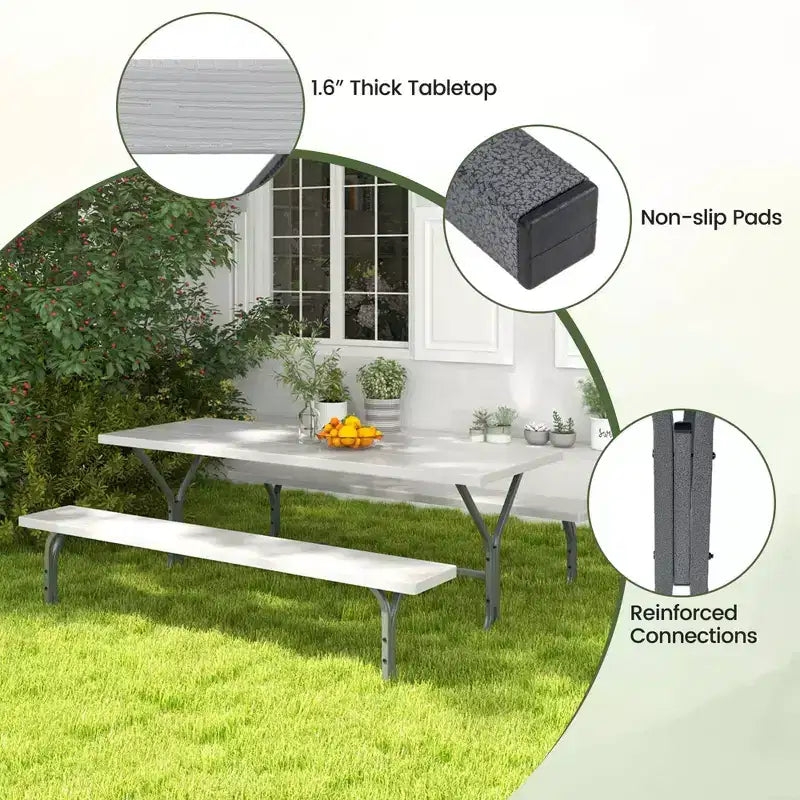 Costway Ensemble table de pique-nique et bancs 6 pieds, table à manger d'extérieur et 2 bancs avec cadre métallique Vert/Blanc/Noir/Gris