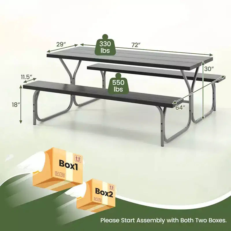 Costway Ensemble table de pique-nique et bancs 6 pieds, table à manger d'extérieur et 2 bancs avec cadre métallique Vert/Blanc/Noir/Gris