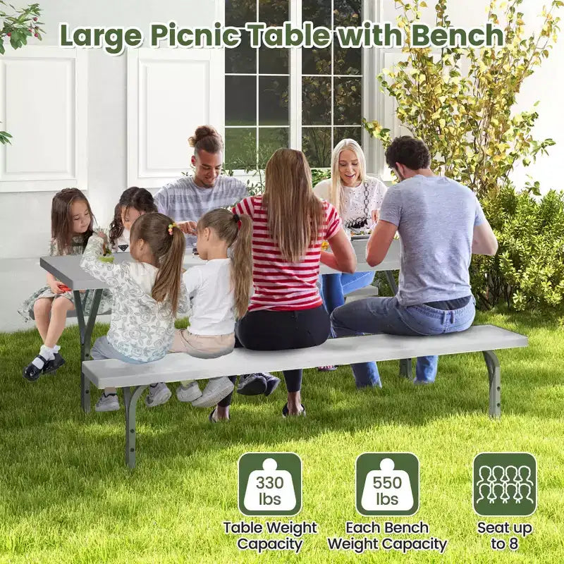 Costway Ensemble table de pique-nique et bancs 6 pieds, table à manger d'extérieur et 2 bancs avec cadre métallique Vert/Blanc/Noir/Gris