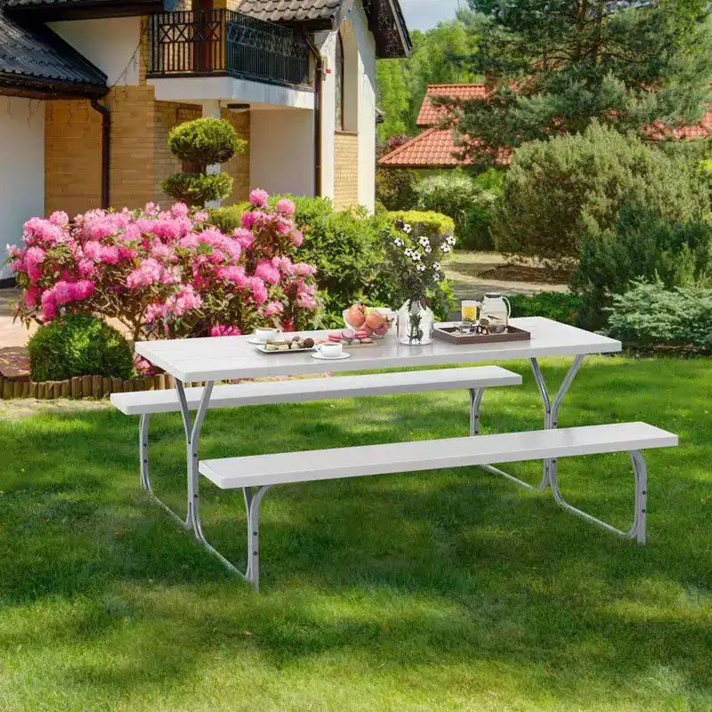 Costway Ensemble table de pique-nique et bancs 6 pieds, table à manger d'extérieur et 2 bancs avec cadre métallique Vert/Blanc/Noir/Gris