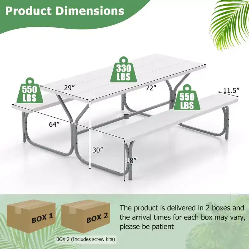 Costway Ensemble table de pique-nique et bancs 6 pieds, table à manger d'extérieur et 2 bancs avec cadre métallique Vert/Blanc/Noir/Gris
