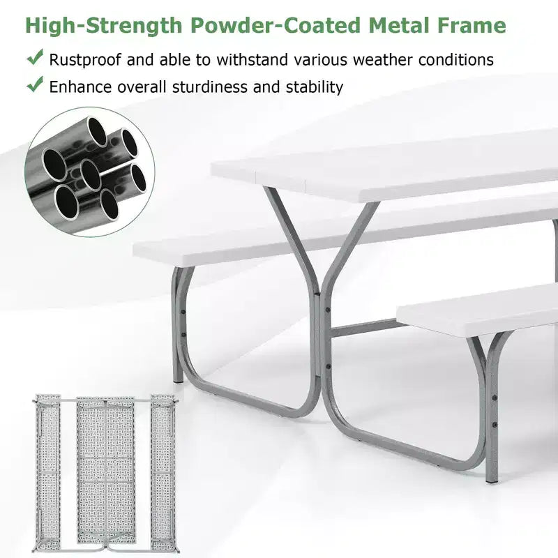 Costway Ensemble table de pique-nique et bancs 6 pieds, table à manger d'extérieur et 2 bancs avec cadre métallique Vert/Blanc/Noir/Gris