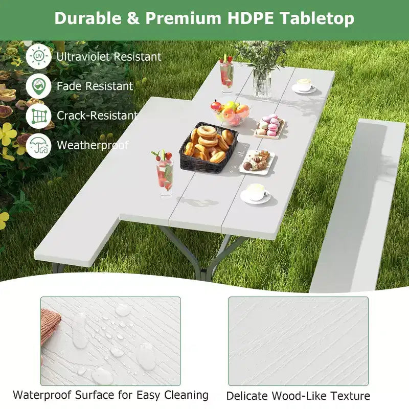 Costway Ensemble table de pique-nique et bancs 6 pieds, table à manger d'extérieur et 2 bancs avec cadre métallique Vert/Blanc/Noir/Gris