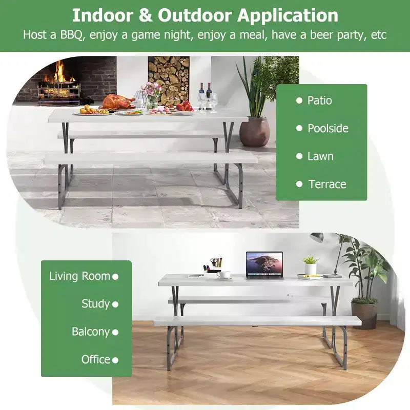 Costway Ensemble table de pique-nique et bancs 6 pieds, table à manger d'extérieur et 2 bancs avec cadre métallique Vert/Blanc/Noir/Gris