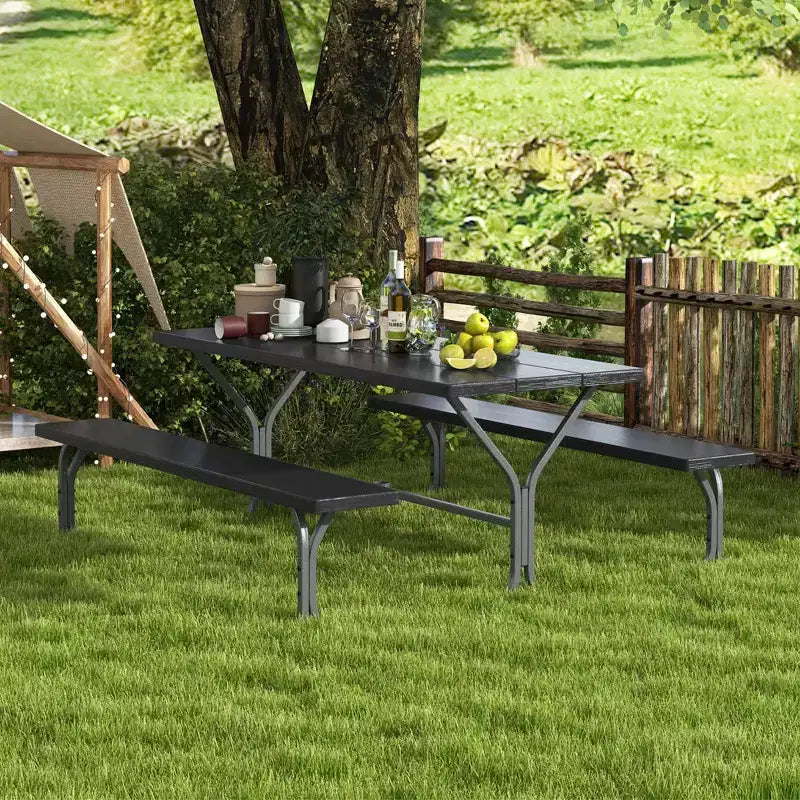 Costway Ensemble table de pique-nique et bancs 6 pieds, table à manger d'extérieur et 2 bancs avec cadre métallique Vert/Blanc/Noir/Gris
