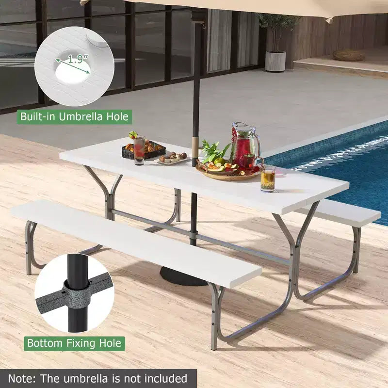 Costway Ensemble table de pique-nique et bancs 6 pieds, table à manger d'extérieur et 2 bancs avec cadre métallique Vert/Blanc/Noir/Gris