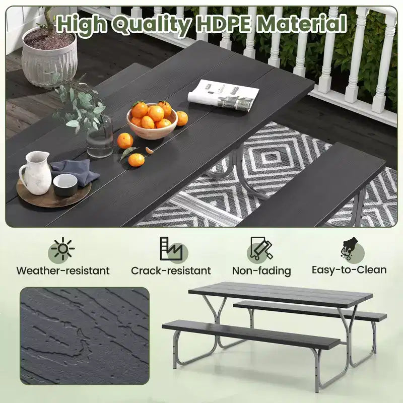 Costway Ensemble table de pique-nique et bancs 6 pieds, table à manger d'extérieur et 2 bancs avec cadre métallique Vert/Blanc/Noir/Gris