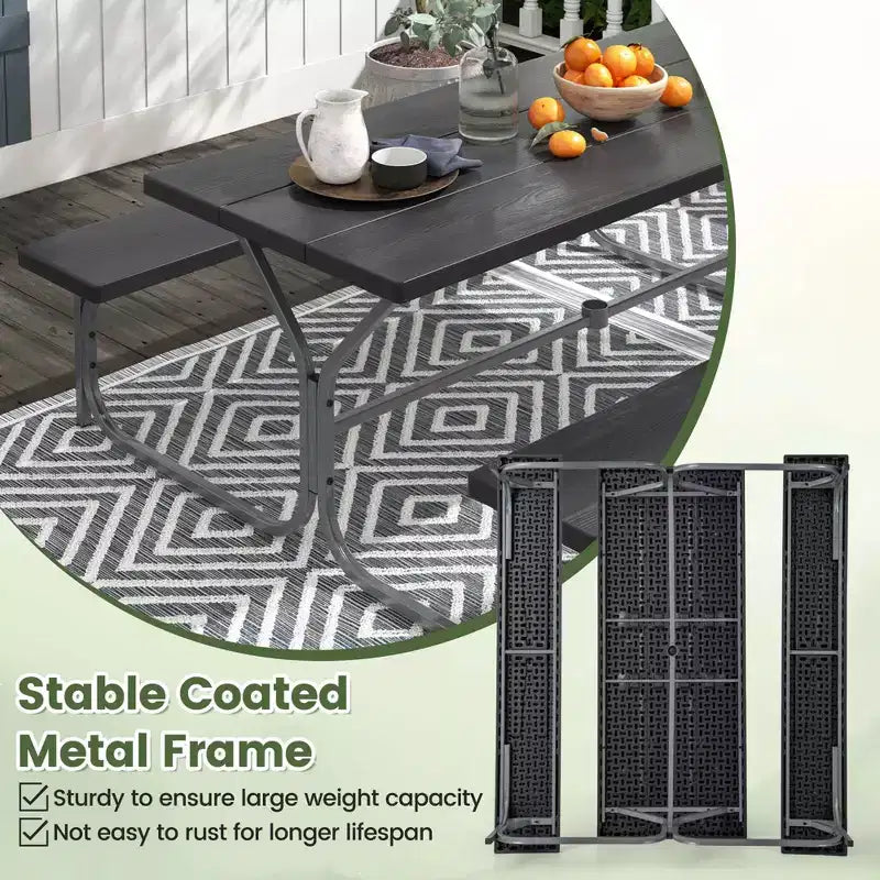 Costway Ensemble table de pique-nique et bancs 6 pieds, table à manger d'extérieur et 2 bancs avec cadre métallique Vert/Blanc/Noir/Gris
