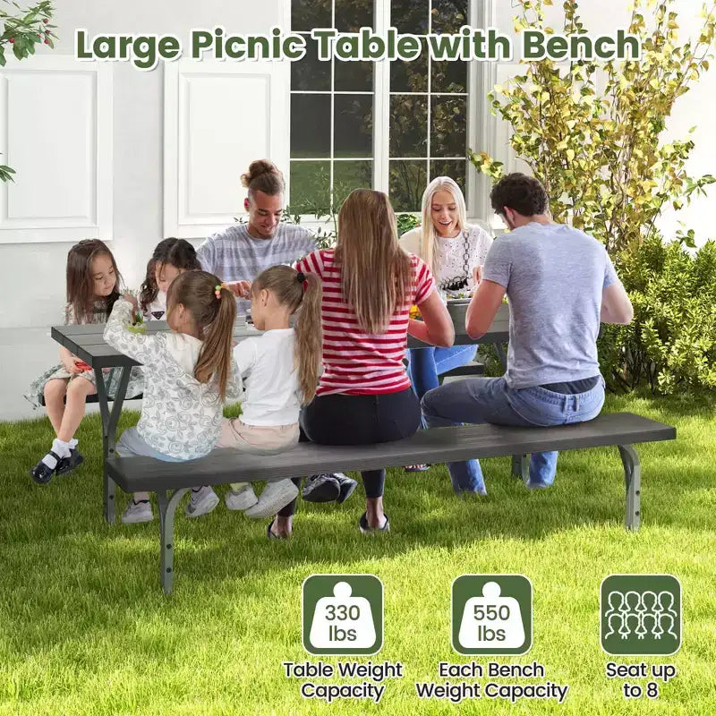 Costway Ensemble table de pique-nique et bancs 6 pieds, table à manger d'extérieur et 2 bancs avec cadre métallique Vert/Blanc/Noir/Gris