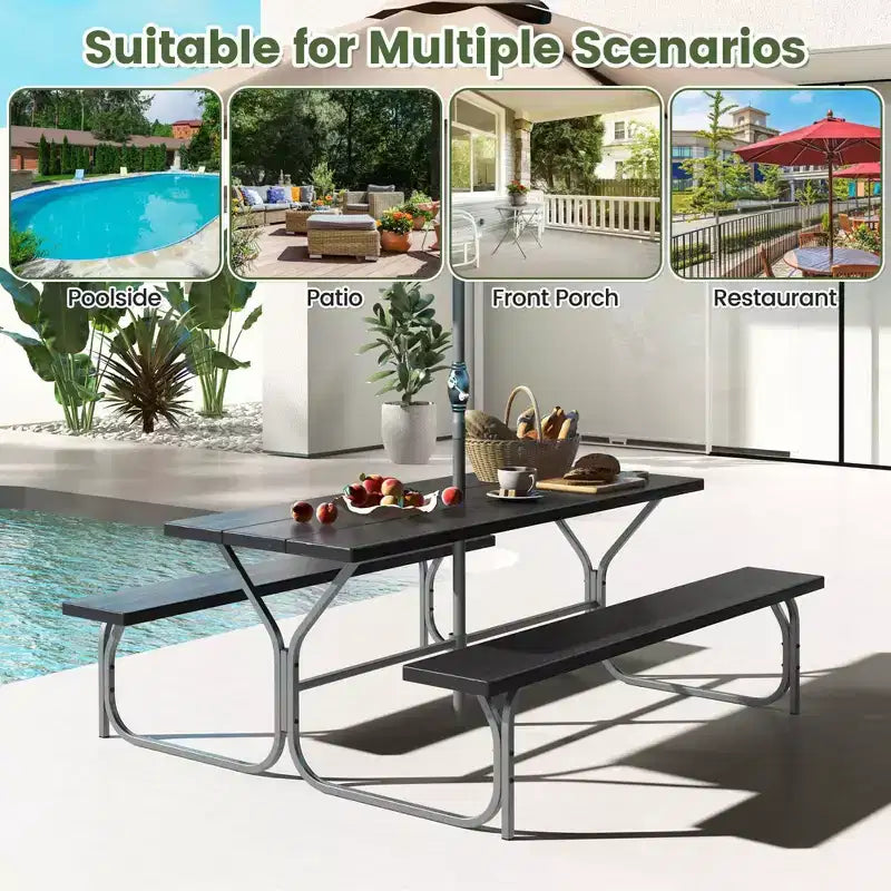 Costway Ensemble table de pique-nique et bancs 6 pieds, table à manger d'extérieur et 2 bancs avec cadre métallique Vert/Blanc/Noir/Gris