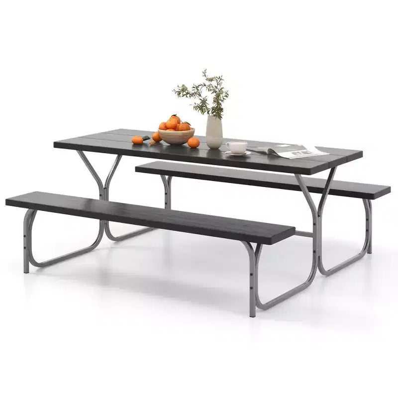 Costway 6 FT Picnic Table Bench Set Outdoor Dining Table & 2 Benches with Metal Frame Green/White/Black/Grey
