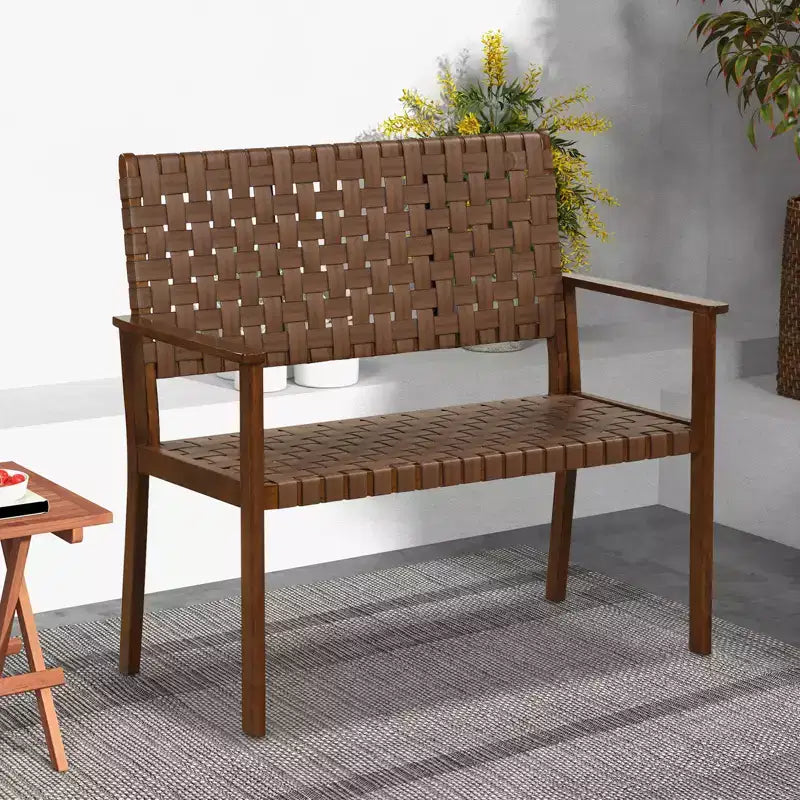 Banc de jardin Costway, résistant aux intempéries, avec cadre en bois d'hévéa massif et cuir PU tressé à la main