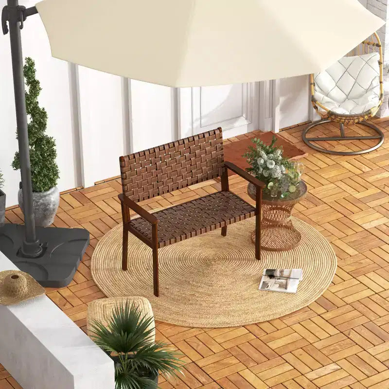 Banc de jardin Costway, résistant aux intempéries, avec cadre en bois d'hévéa massif et cuir PU tressé à la main