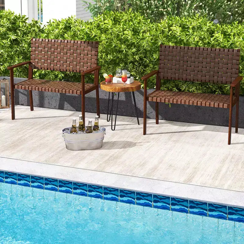 Banc de jardin Costway, résistant aux intempéries, avec cadre en bois d'hévéa massif et cuir PU tressé à la main