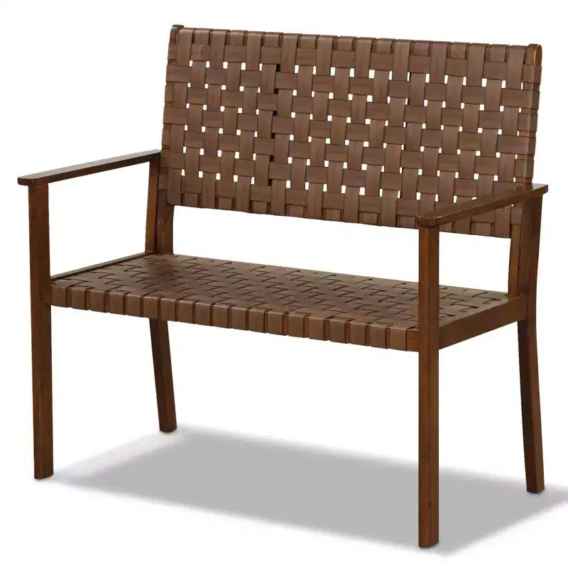 Banc de jardin Costway, résistant aux intempéries, avec cadre en bois d'hévéa massif et cuir PU tressé à la main