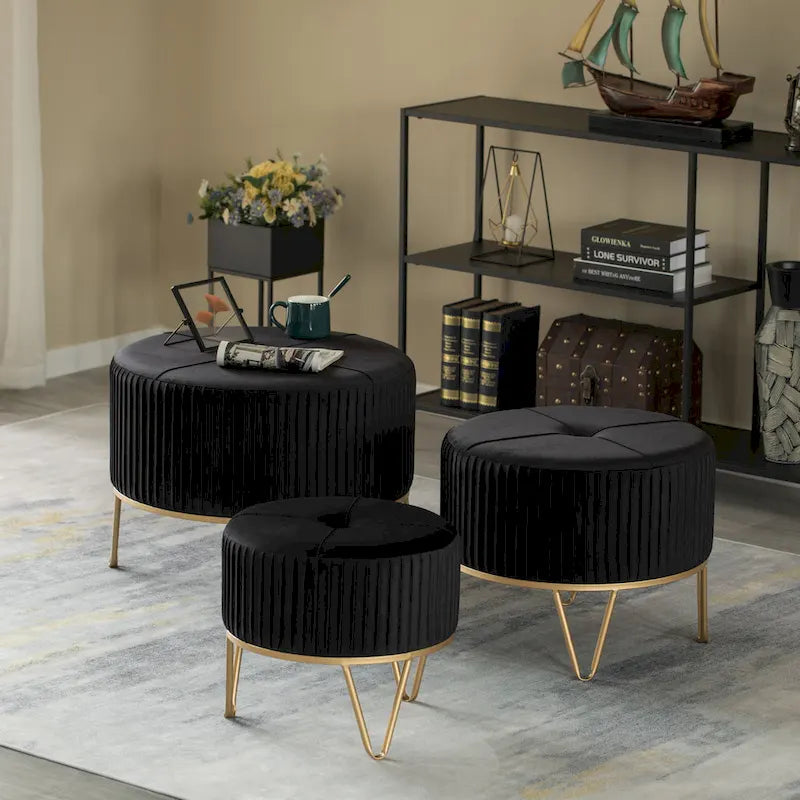Tabouret pouf rond en velours surélevé avec base dorée épingle à cheveux