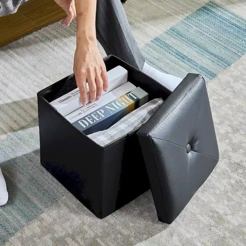 Pouf de rangement pliable, Repose-pieds, Pouf capitonné en cuir, Petit pouf carré pour salon, chambre à coucher, dortoir
