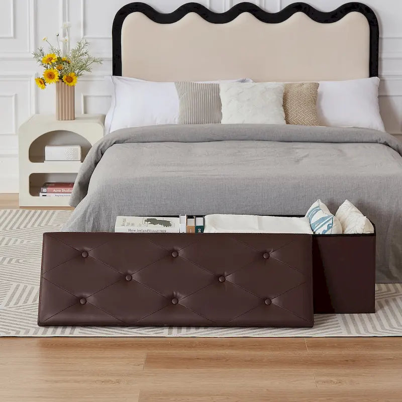 Pouf de rangement pliable, Repose-pieds, Pouf capitonné en cuir, Petit pouf carré pour salon, chambre à coucher, dortoir