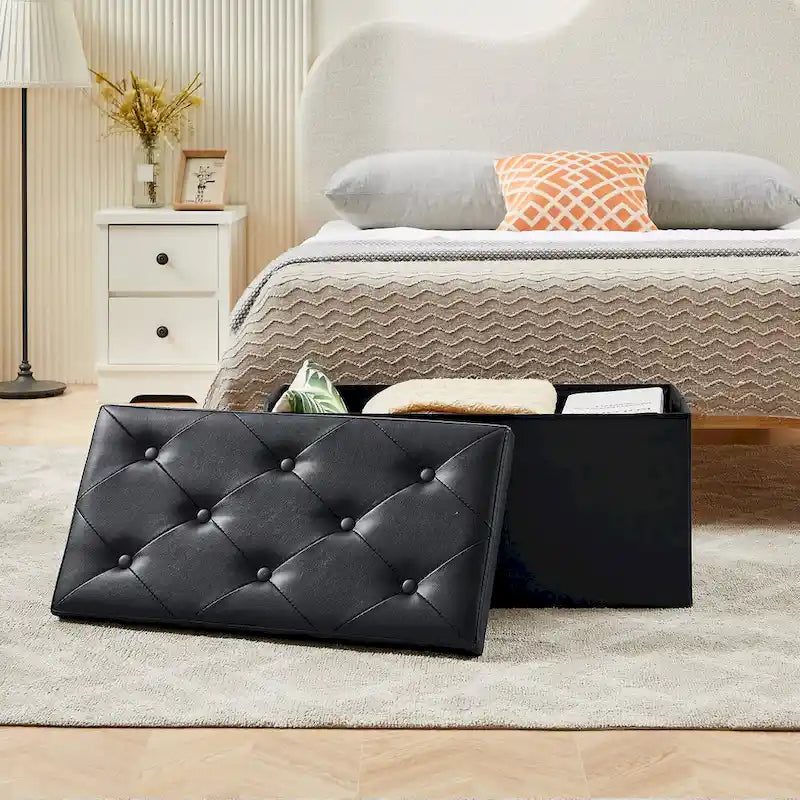 Pouf de rangement pliable, Repose-pieds, Pouf capitonné en cuir, Petit pouf carré pour salon, chambre à coucher, dortoir