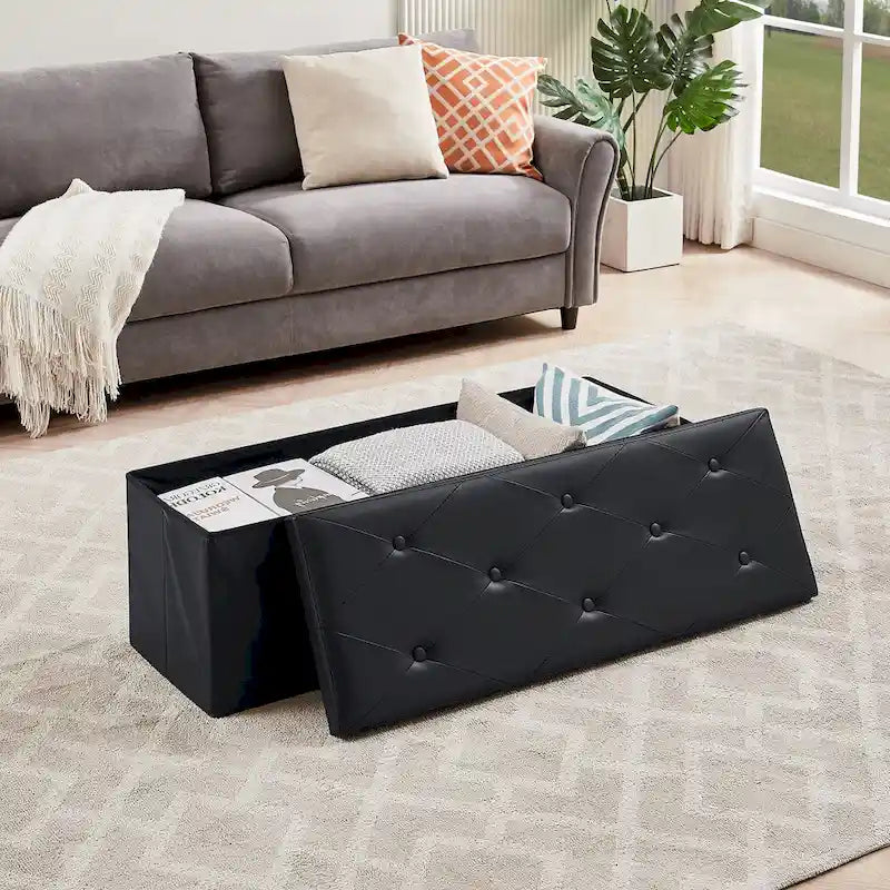 Pouf de rangement pliable, Repose-pieds, Pouf capitonné en cuir, Petit pouf carré pour salon, chambre à coucher, dortoir