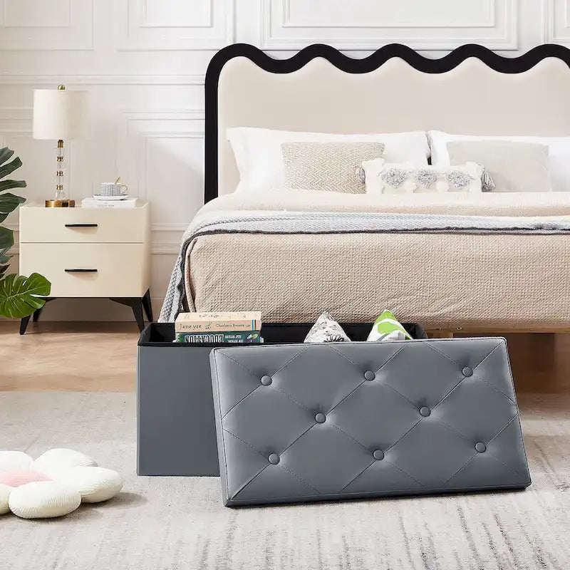 Pouf de rangement pliable, Repose-pieds, Pouf capitonné en cuir, Petit pouf carré pour salon, chambre à coucher, dortoir