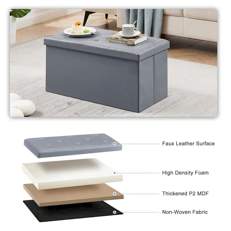 Pouf de rangement pliable, Repose-pieds, Pouf capitonné en cuir, Petit pouf carré pour salon, chambre à coucher, dortoir