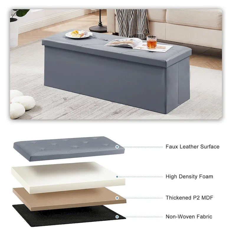 Pouf de rangement pliable, Repose-pieds, Pouf capitonné en cuir, Petit pouf carré pour salon, chambre à coucher, dortoir