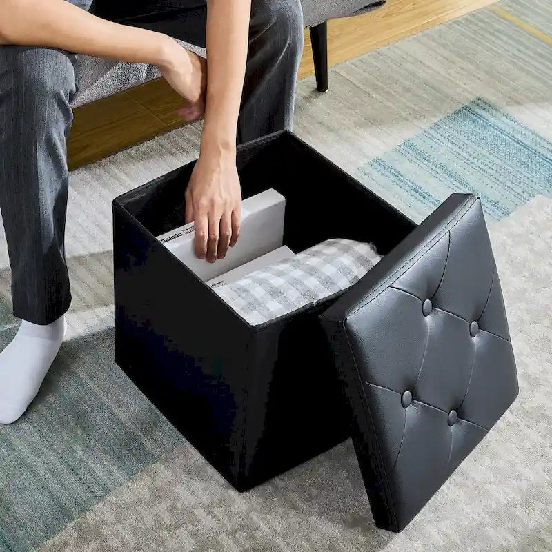 Pouf de rangement pliable, Repose-pieds, Pouf capitonné en cuir, Petit pouf carré pour salon, chambre à coucher, dortoir