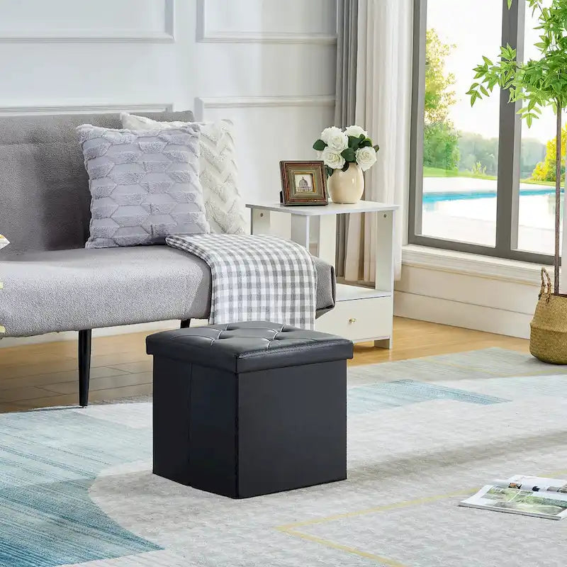 Pouf de rangement pliable, Repose-pieds, Pouf capitonné en cuir, Petit pouf carré pour salon, chambre à coucher, dortoir