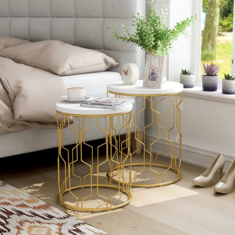 Lot de 2 tables gigognes rondes Quarn Modern de 40 cm en acier par Furniture of America