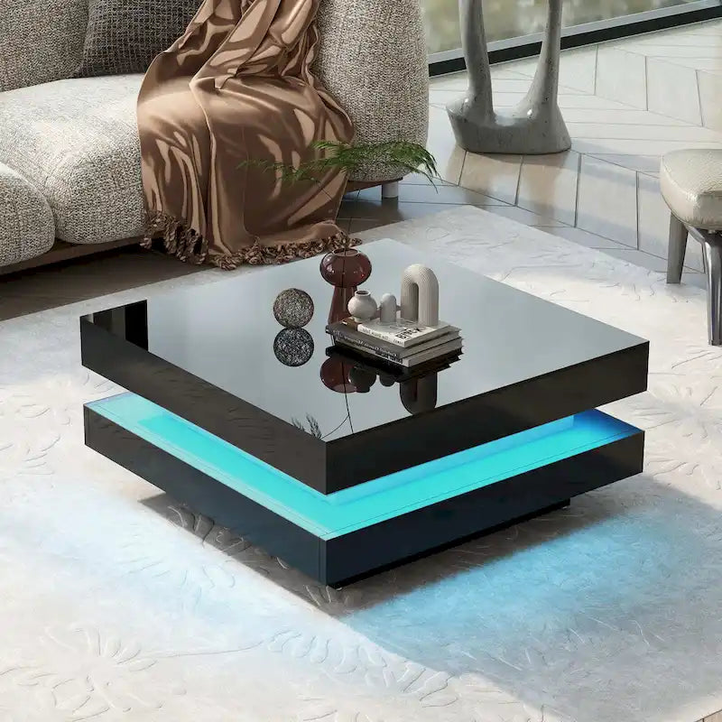 Table basse carrée à 2 niveaux design minimaliste laqué avec lumières LED 16 couleurs enfichables pour salon
