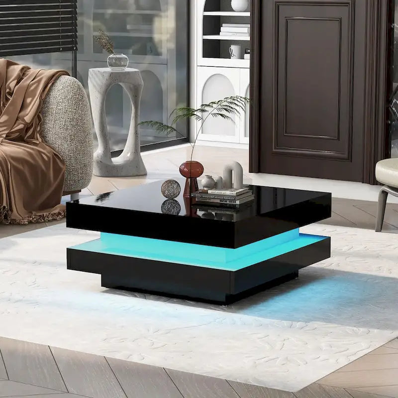 Table basse carrée à 2 niveaux design minimaliste laqué avec lumières LED 16 couleurs enfichables pour salon
