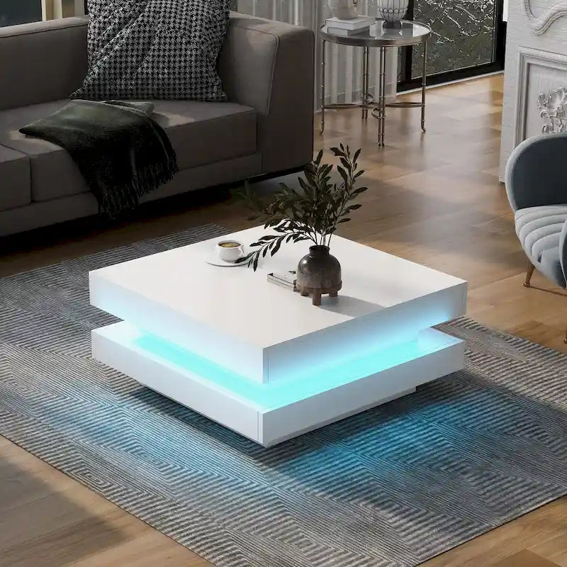 Table basse carrée à 2 niveaux design minimaliste laqué avec lumières LED 16 couleurs enfichables pour salon