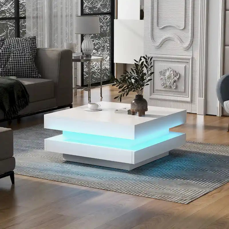 Table basse carrée à 2 niveaux design minimaliste laqué avec lumières LED 16 couleurs enfichables pour salon