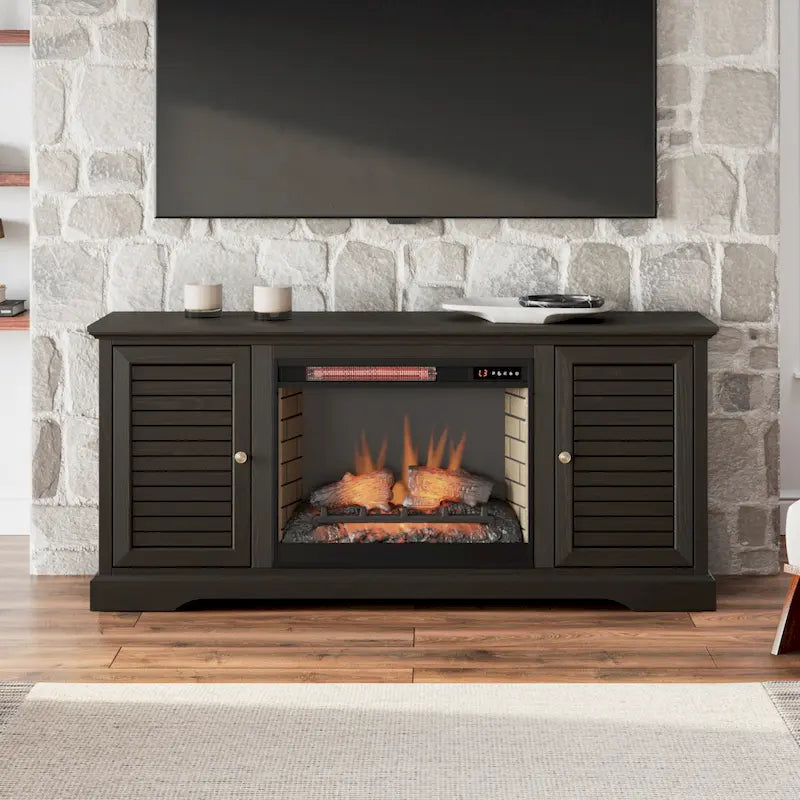 Meuble TV Bridgevine Home Topanga avec cheminée électrique de 68 pouces pour téléviseurs jusqu'à 80 pouces