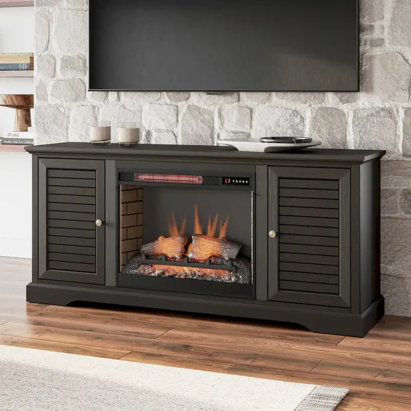 Meuble TV Bridgevine Home Topanga avec cheminée électrique de 68 pouces pour téléviseurs jusqu'à 80 pouces