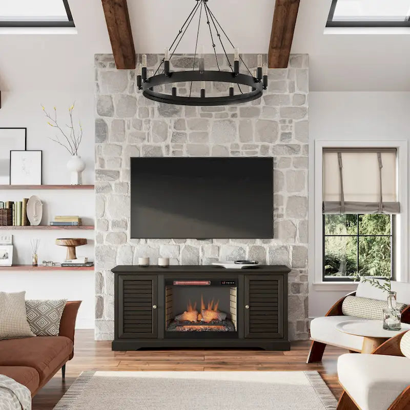 Meuble TV Bridgevine Home Topanga avec cheminée électrique de 68 pouces pour téléviseurs jusqu'à 80 pouces