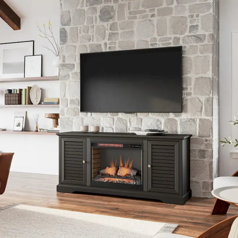 Meuble TV Bridgevine Home Topanga avec cheminée électrique de 68 pouces pour téléviseurs jusqu'à 80 pouces