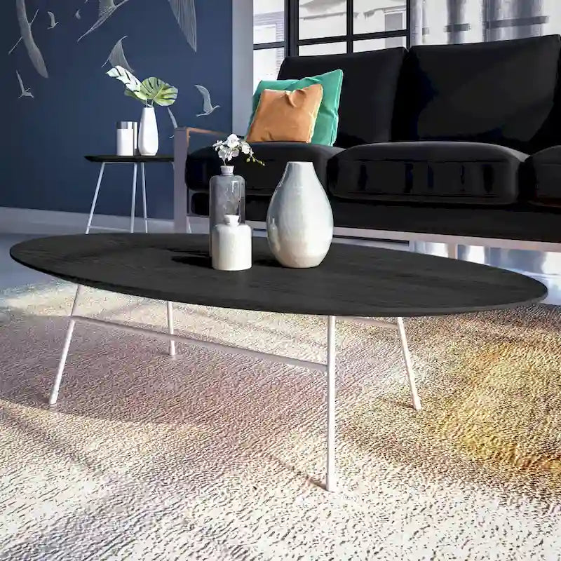 Table basse d'appoint ovale moderne Rossmore avec cadre en acier thermolaqué blanc pour bureau, salon ou chambre.