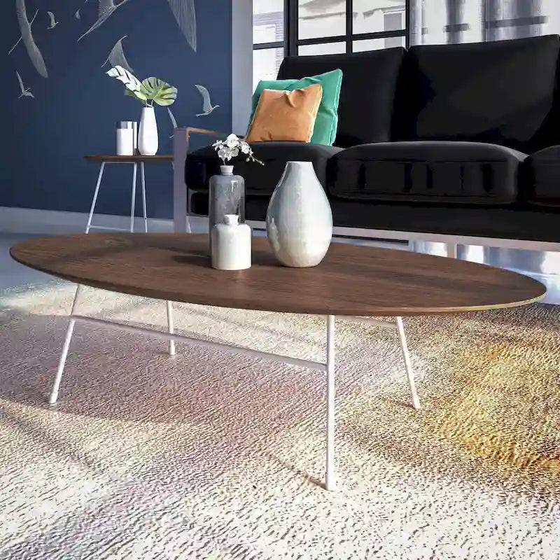 Table basse d'appoint ovale moderne Rossmore avec cadre en acier thermolaqué blanc pour bureau, salon ou chambre.