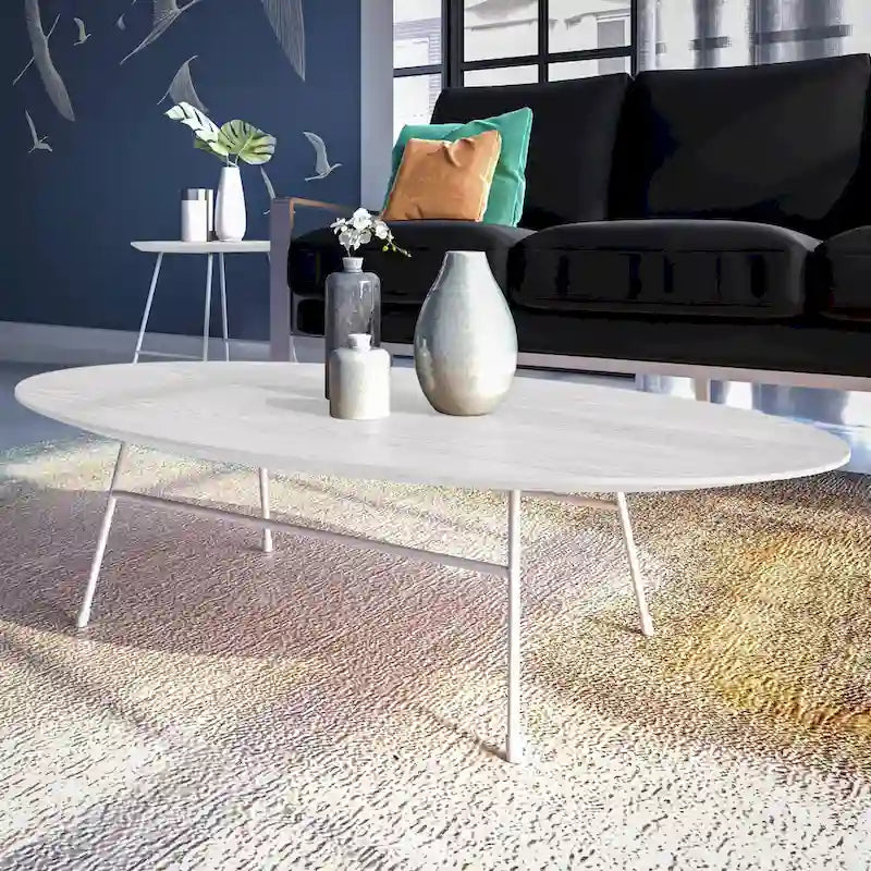 Table basse d'appoint ovale moderne Rossmore avec cadre en acier thermolaqué blanc pour bureau, salon ou chambre.