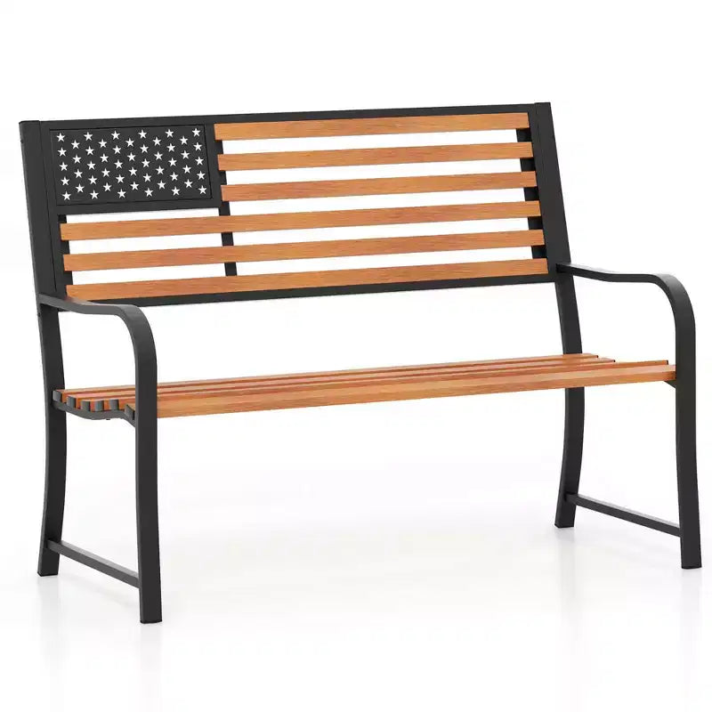 Costway 50 Outdoor Garden Bench with Flag Pattern Backrest & Rustic Wood Grain Finish