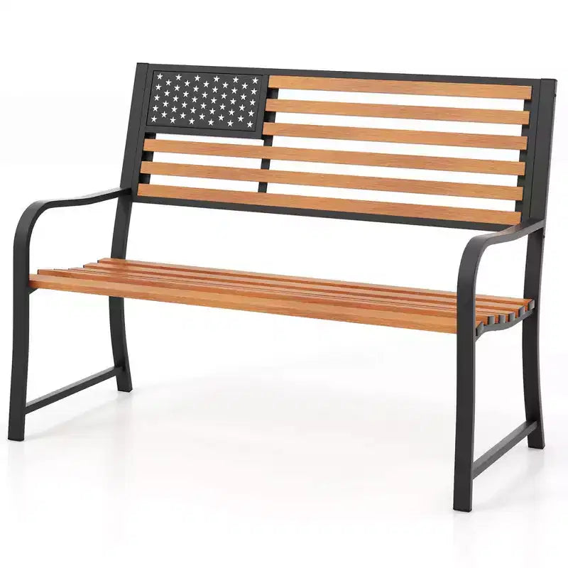 Banc de jardin extérieur Costway 50 avec dossier motif drapeau et finition grain de bois rustique