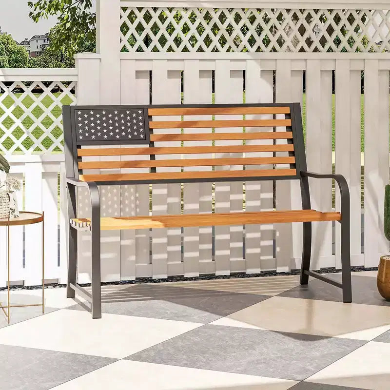 Banc de jardin extérieur Costway 50 avec dossier motif drapeau et finition grain de bois rustique