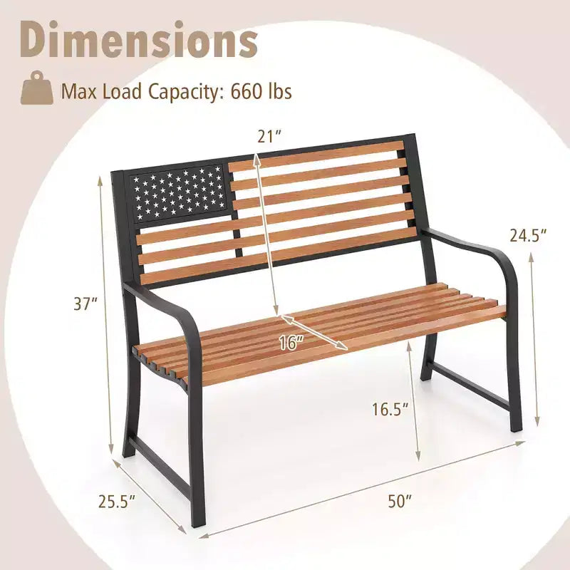 Banc de jardin extérieur Costway 50 avec dossier motif drapeau et finition grain de bois rustique