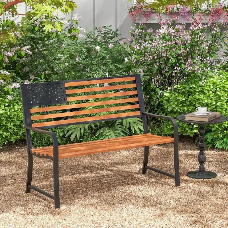Banc de jardin extérieur Costway 50 avec dossier motif drapeau et finition grain de bois rustique